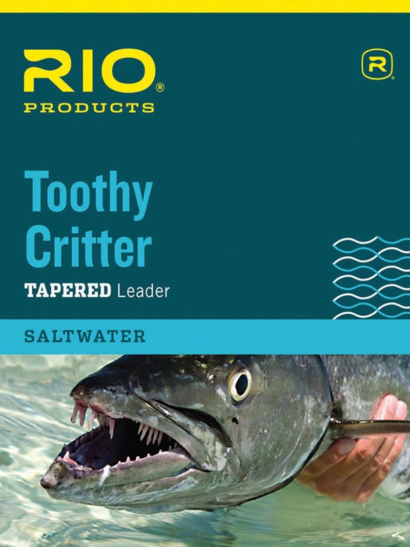 Tapered fishing leader with toothy critter design, held near a fish head