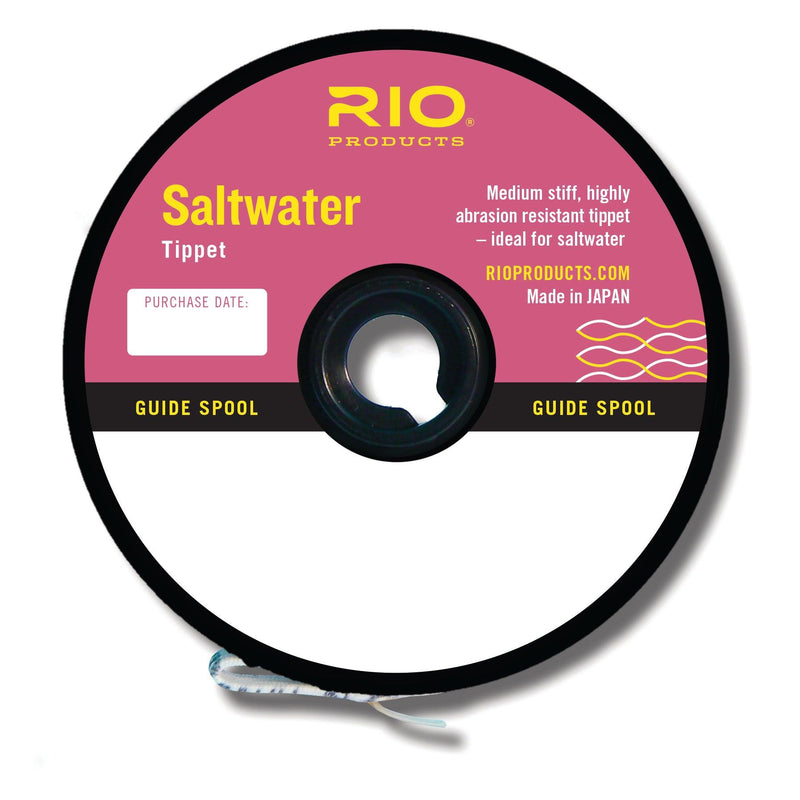 Rio saltwater tippet line on guide spool, dark line with packaging label