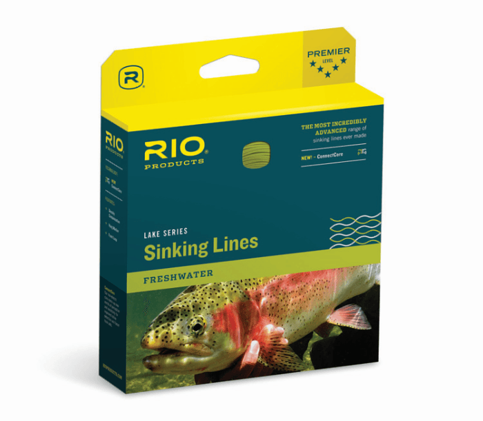 Sinking fishing line packaging box, green and yellow with trout graphic