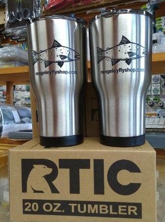 RTIC brand 20 ounce stainless steel hot/cold tumblers with brook trout design and rangeleyflyshop.com