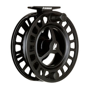 Fishing reel with dark body, black spoked rim, and mounted handle knob
