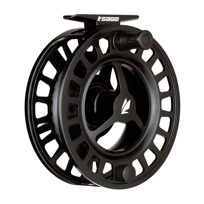 Fishing reel with dark body, black spoked rim, and mounted handle knob