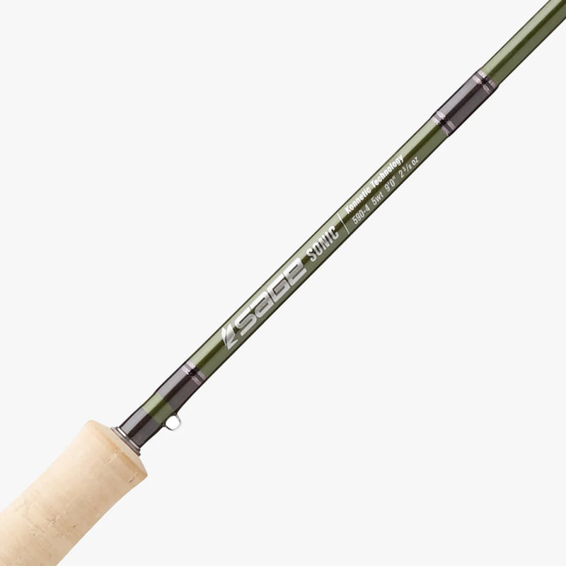 Sage Sonic fly rod butt section with printed branding and cork handle