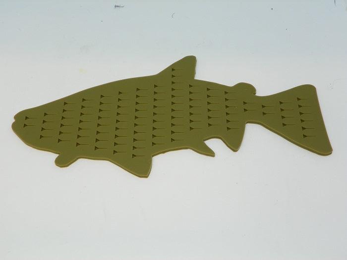 Silicone fly drying boat patch, olive fish-shaped form with raised bristles