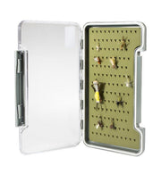 Open clear storage box with self-healing silicone liner in base tray, side latches