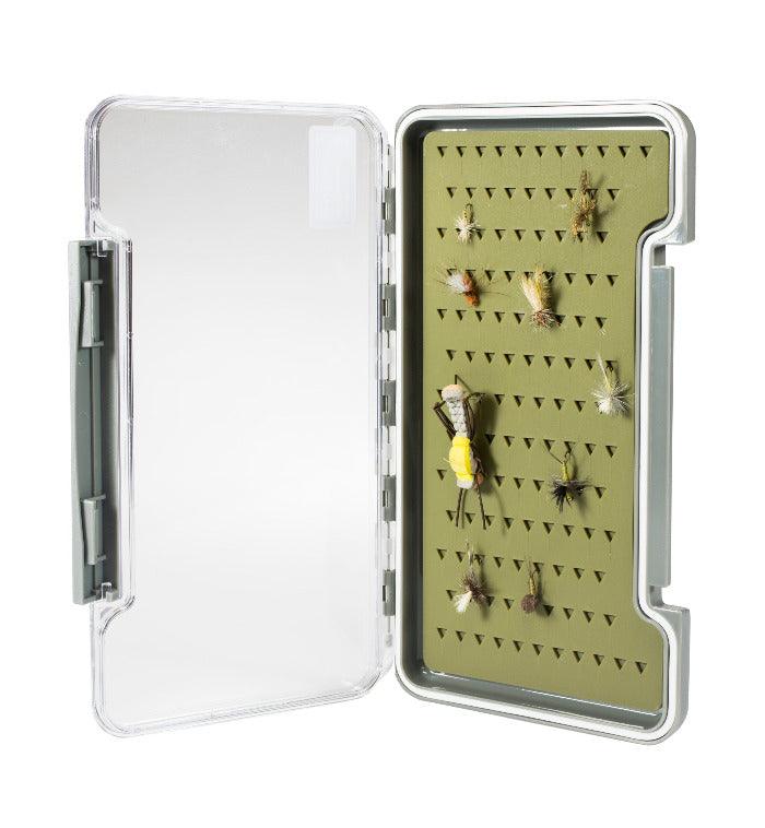 Open clear storage box with self-healing silicone liner in base tray, side latches