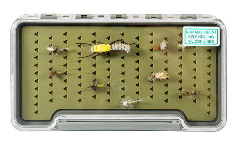 clear lidded fly box with light  olive silicone liner