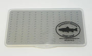 Slim fly box base with textured foam and peg-hole pattern, with logo label