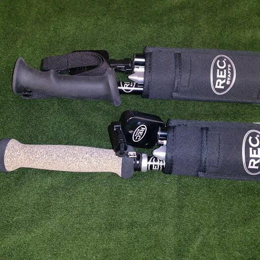 REC MagnaStaff ski pole set with black grip and light cork handle, adjustable shaft tips