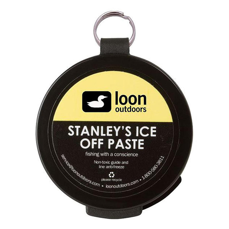 Ice off paste container with black ring and yellow Loon outdoor label, flip-top handle