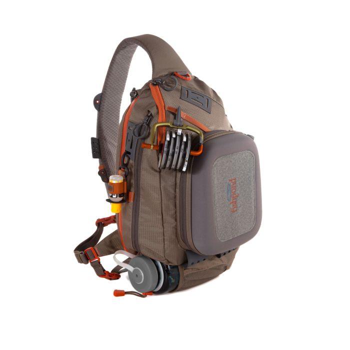 Fishpond Summit Sling Bag 2.0 in gray with orange accents, side pockets, adjustable strap