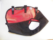 Dog body guard vest laid flat, red top with black sides and adjustable buckles
