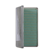 Tack board case with teal pin board insert and hinged gray cover