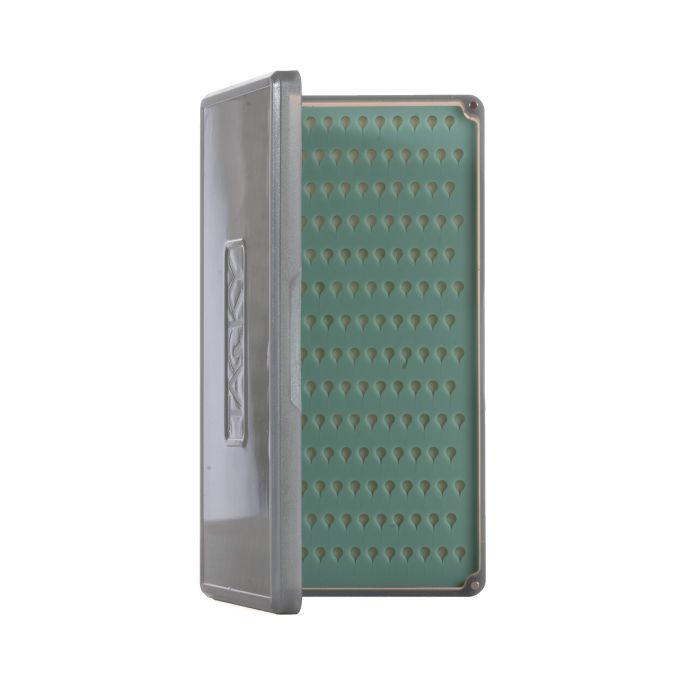 Tack board case with teal pin board insert and hinged gray cover