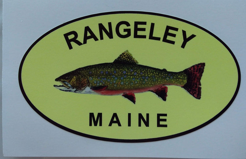 Brook trout oval sticker with RANGELEY and MAINE text and illustrated fish