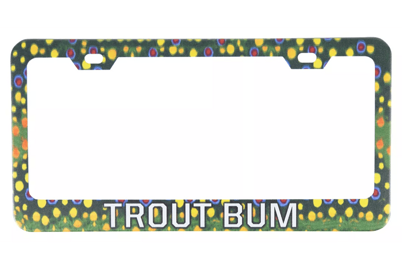 License plate holder with colorful speckled trout pattern and TROUT BUM text