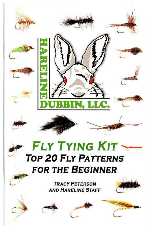 Hareline's beginner fly tying kit book cover with rabbit logo and fly patterns