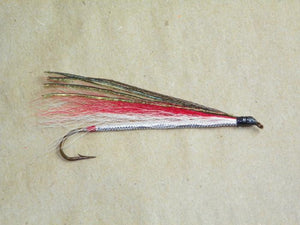 red and white bucktail #2 8x long from Rangeley Maine fly fishing shop