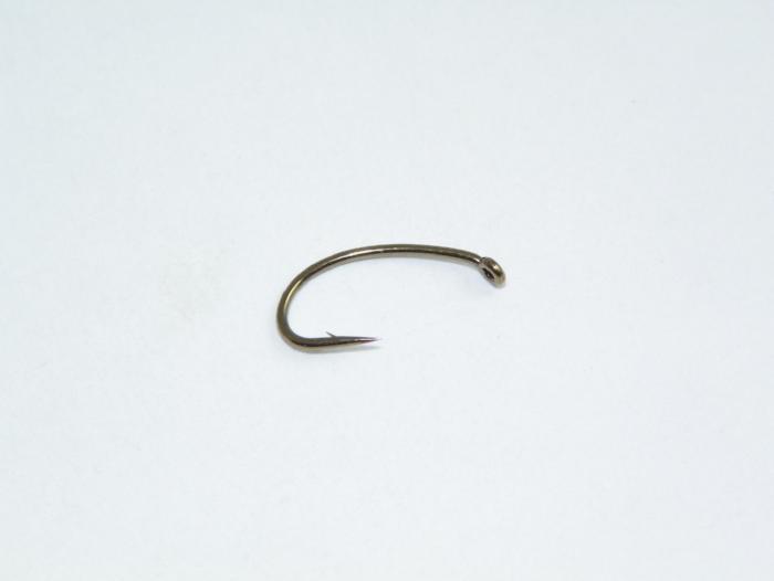 Heavy wide-gape scud hook, Continuous bend, down-eye, 2X-heavy wire, 1X -short shank, forged, reversed, bronze, used for Scud, shrimp, grubs, pupae, San Juan worm, nymph