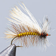 Fishing fly lure with olive-brown body, cream wings, and white hackle on hook